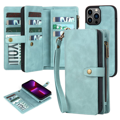 Multi-Card Slot Leather Flip Wallet Case for iPhone 15 14 13 12 Pro Max - Zipper Pocket Cover with Wristlet