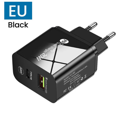 Dual-Port 20W Fast Charging Head - USB and Type-C Wall Charger Adapter