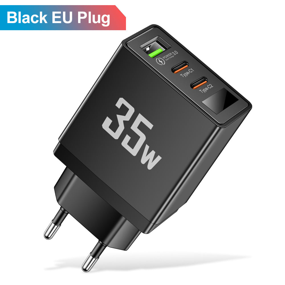 35W 3-Port Fast Wall Charger - 1 USB & 2 Type-C Intelligent Digital Display Power Adapter