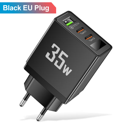35W 3-Port Fast Wall Charger - 1 USB & 2 Type-C Intelligent Digital Display Power Adapter