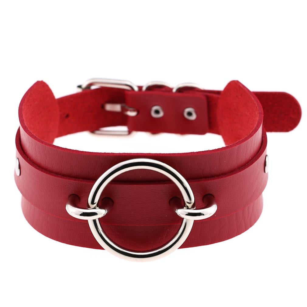 Punk PU Leather Choker Necklace with Oversized O-Ring Pendant | Multi-Color Collar Chain