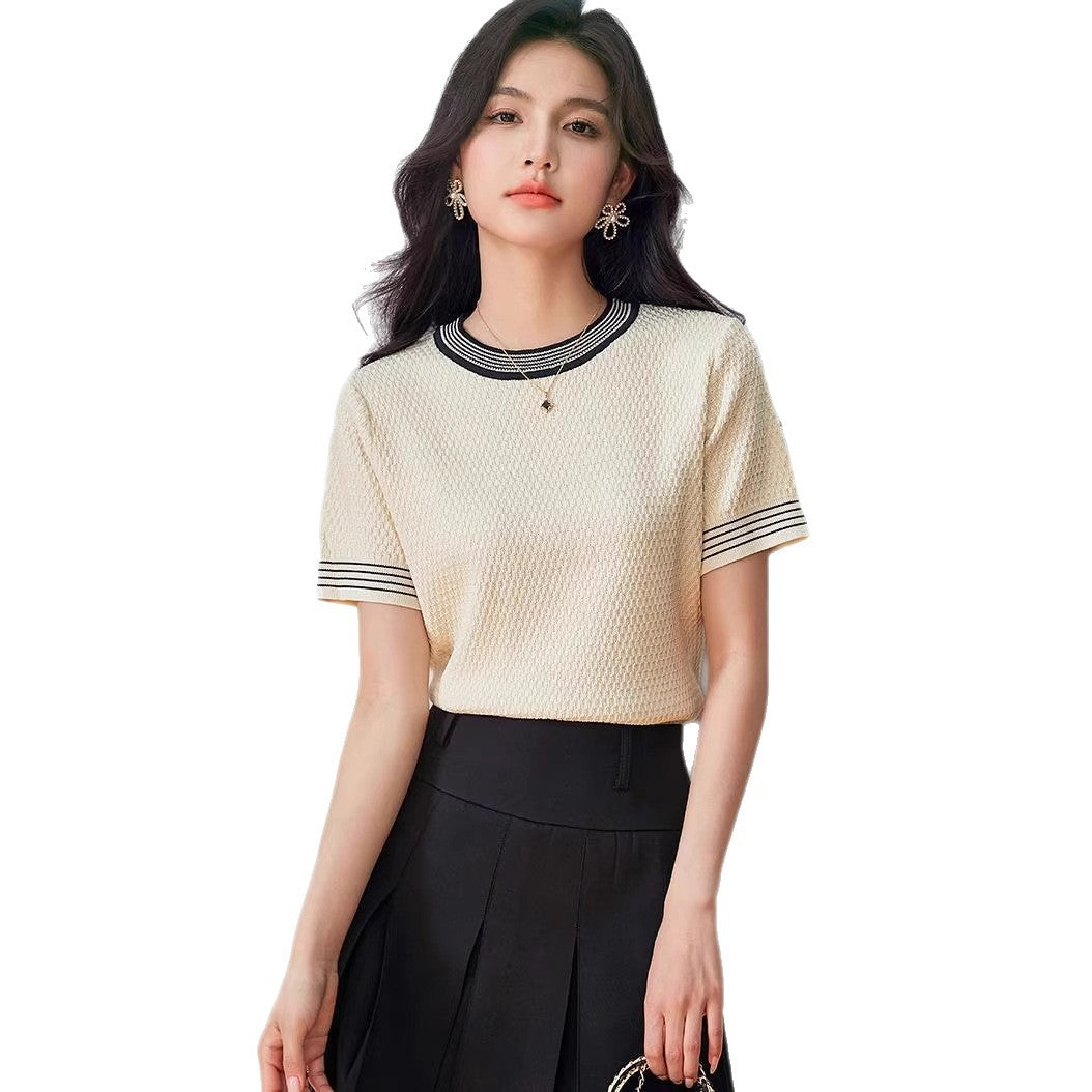 Academic Style Crew Neck Knit Top - Short Sleeve Women's Spring Shirt