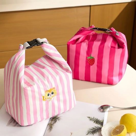 Cute Pink Striped Insulated Lunch Bag - Folding Roll-Top Large Capacity Bento Cooler Bag
