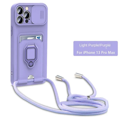 Crossbody Lanyard Phone Case with Card Holder & Ring Holder Kickstand for iPhone 15 14 13 12 11 Pro Max