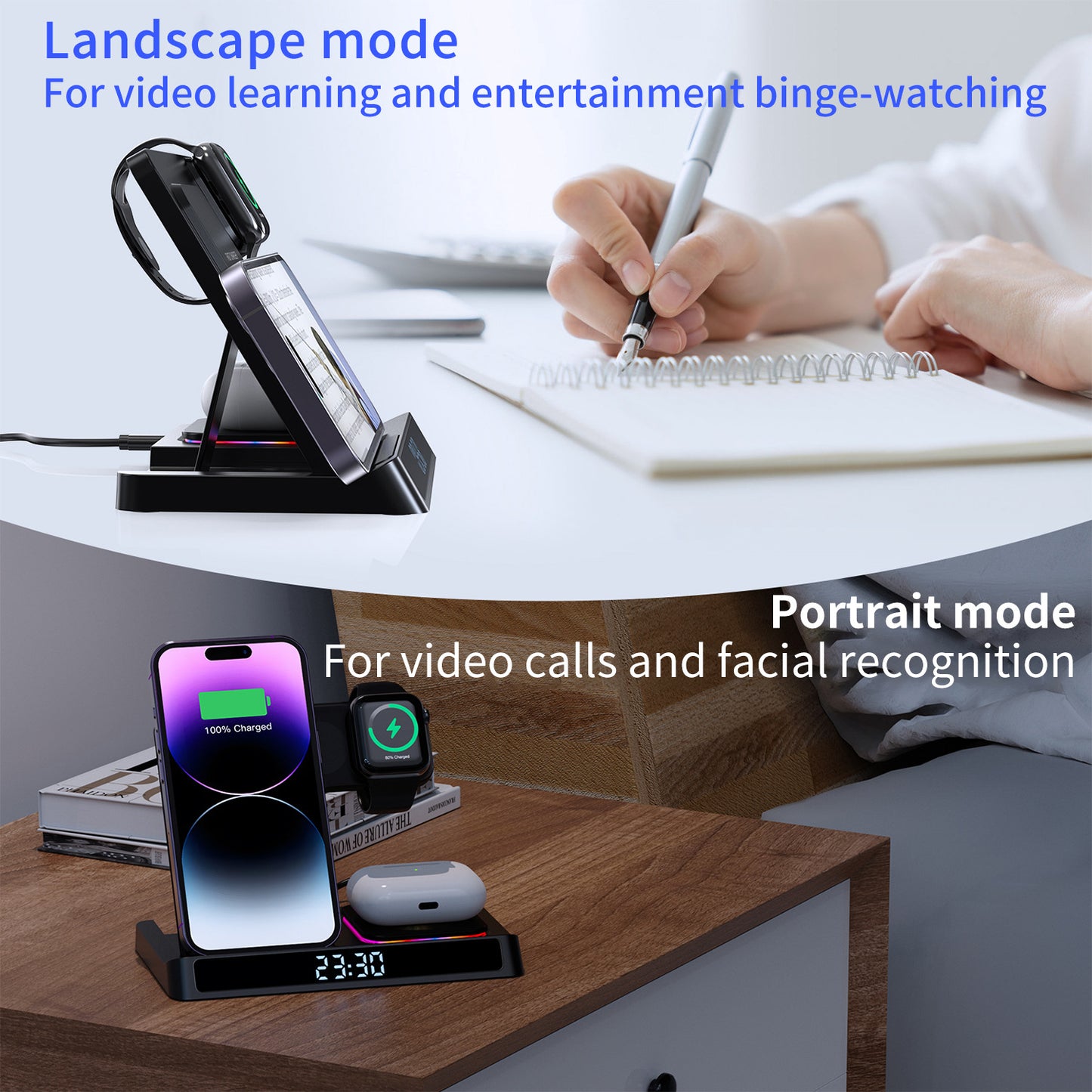 4-in-1 Folding Wireless Charging Station - Desktop Dock with Clock for iPhone & Apple Watch