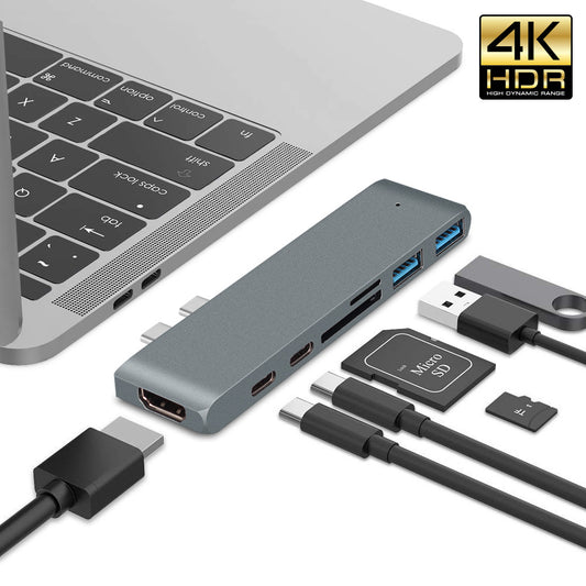 7-in-1 Dual Type-C to HDMI Dock - 4K HDR USB 3.0 Hub Converter & Multiport Adapter for Laptop