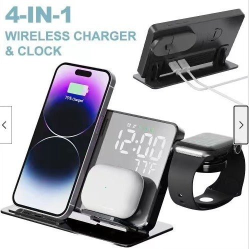 15W 4-in-1 Fast Wireless Charging Station - LED Digital Alarm Clock with Temperature Display