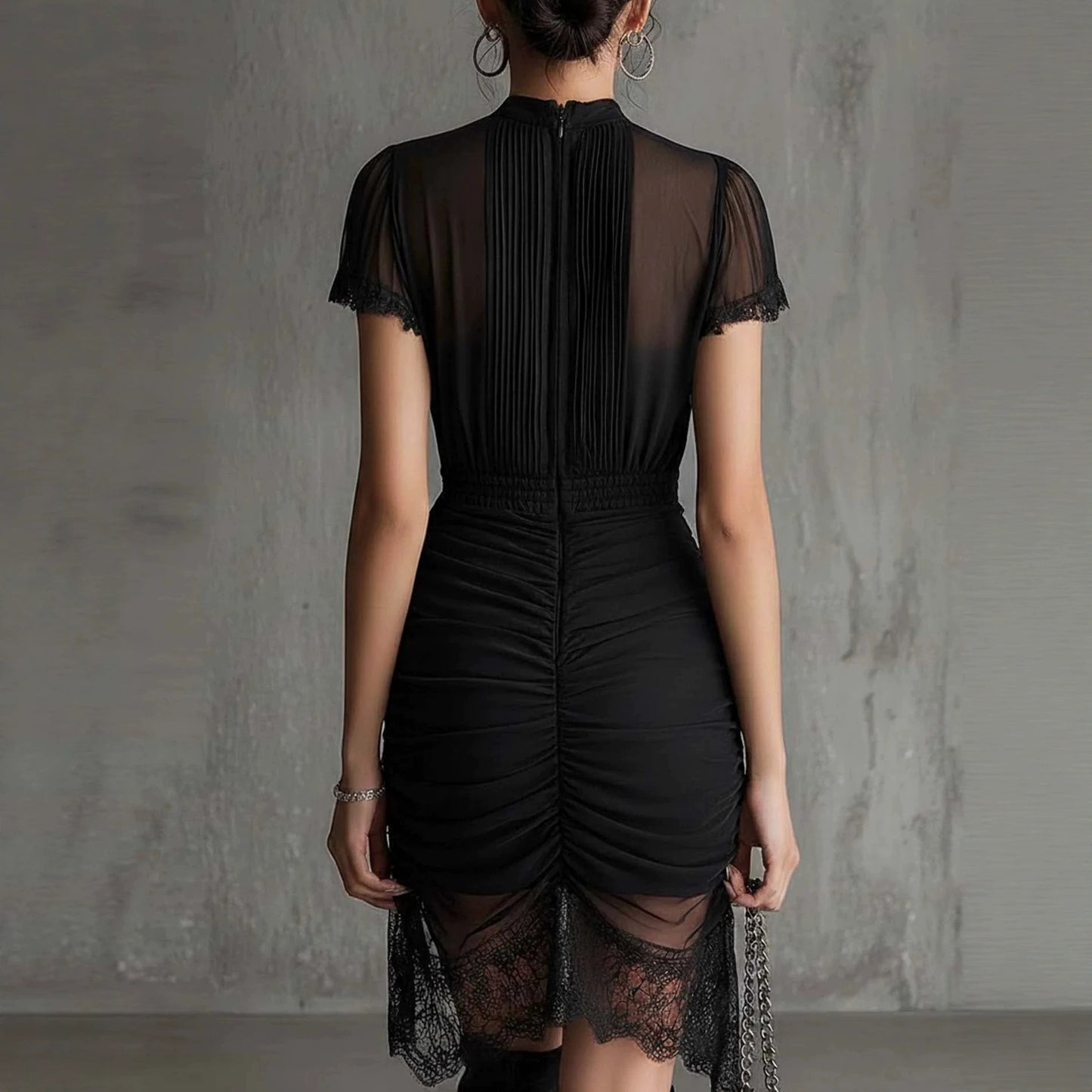 Women's Elegant Black See-Through Lace Patchwork Dress - European Style Mini Dress