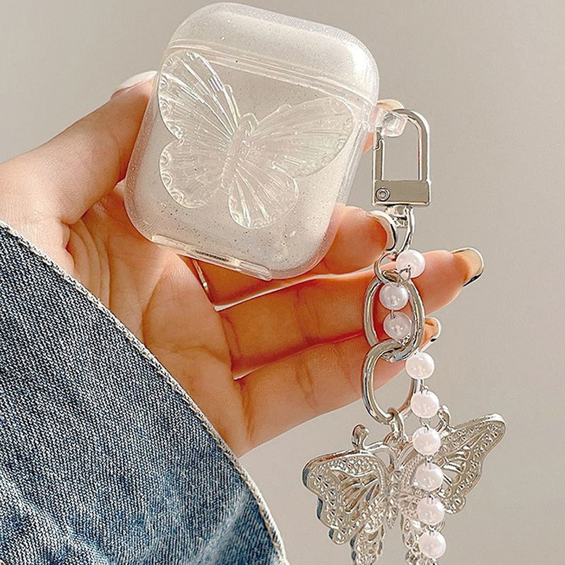 Aesthetic Clear Butterfly Earphone Case with Silver Metal Keychain & Pearl Chain for AirPods 1 / 2 / Pro / 3