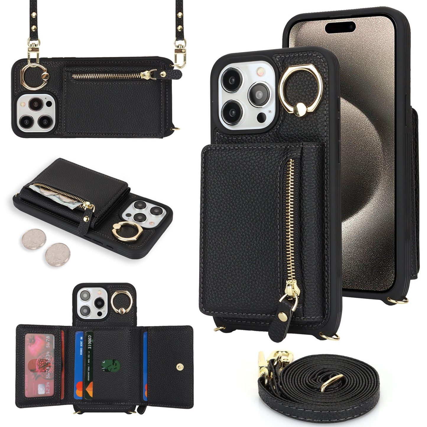 Multifunctional Zipper Coin Purse Phone Case - Crossbody Wallet Case with Card Slots for iPhone