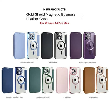 Electroplated Magnetic Leather Wallet Flip Case with Card Holder for iPhone 16 15 14 Pro Max - Clear Back Cover