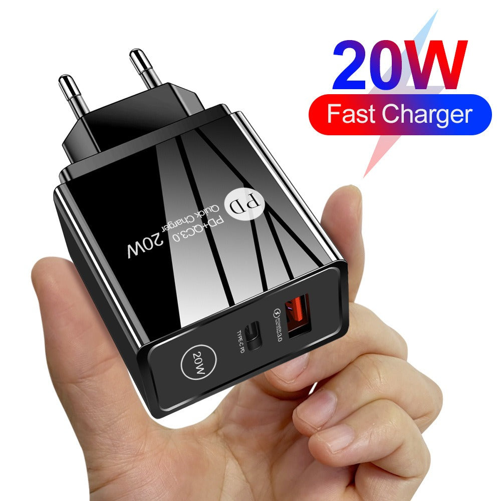 20W PD & QC3.0 Fast Wall Charger - Dual-Port Mobile Phone Charging Head Adapter