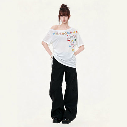 Women's Cute Cartoon Print Ruched Side Drawstring T-Shirt