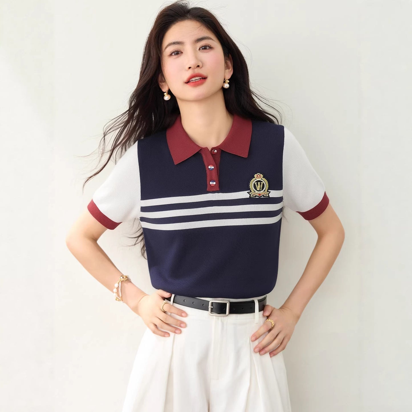 Youthful Preppy Style Striped T-Shirt - Versatile Summer Polo Top for Women