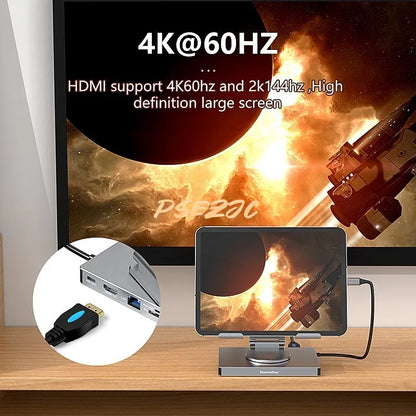 9-in-1 Type-C Docking Station - 4K/60Hz USB 3.0 Hub with Gigabit Ethernet & 360° Rotary iPad Holder Stand