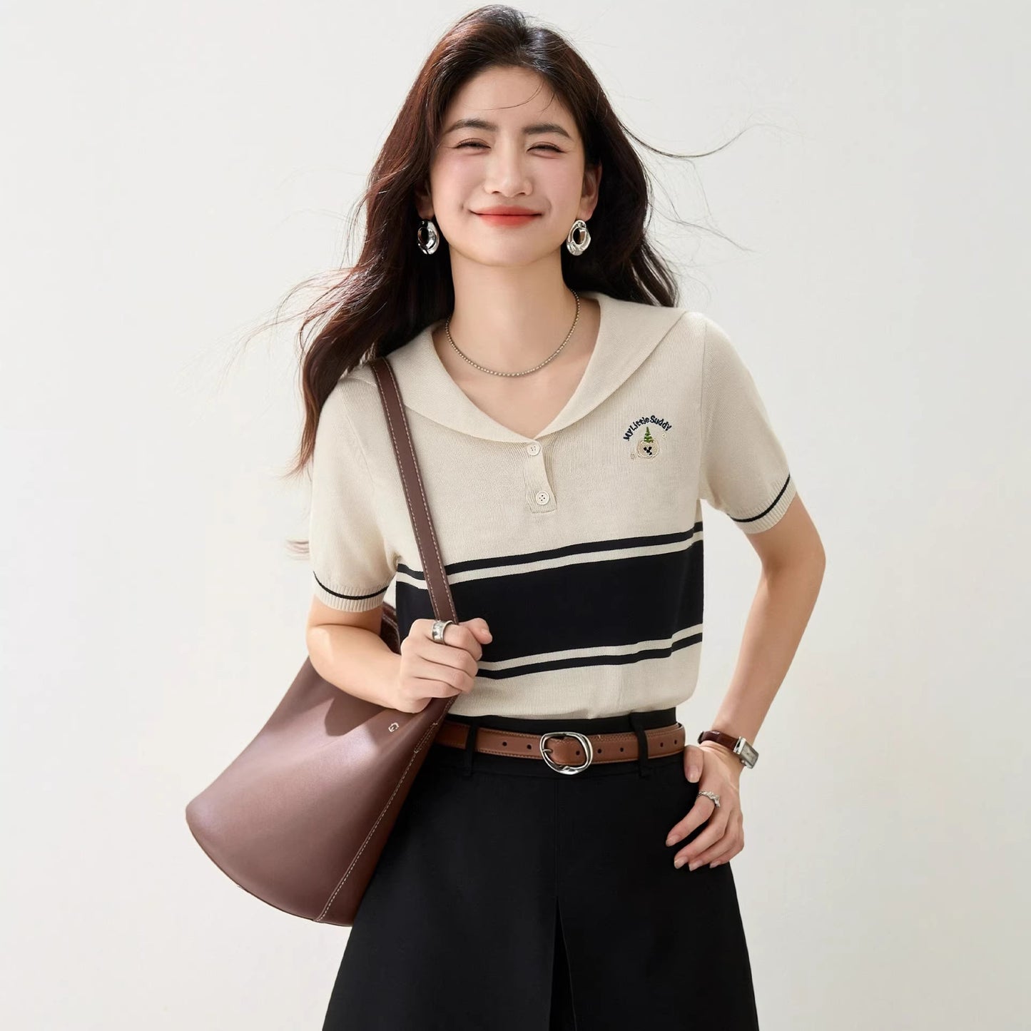 Women's Navy Collar Striped Knit Shirt - Retro Casual Short Sleeve Top