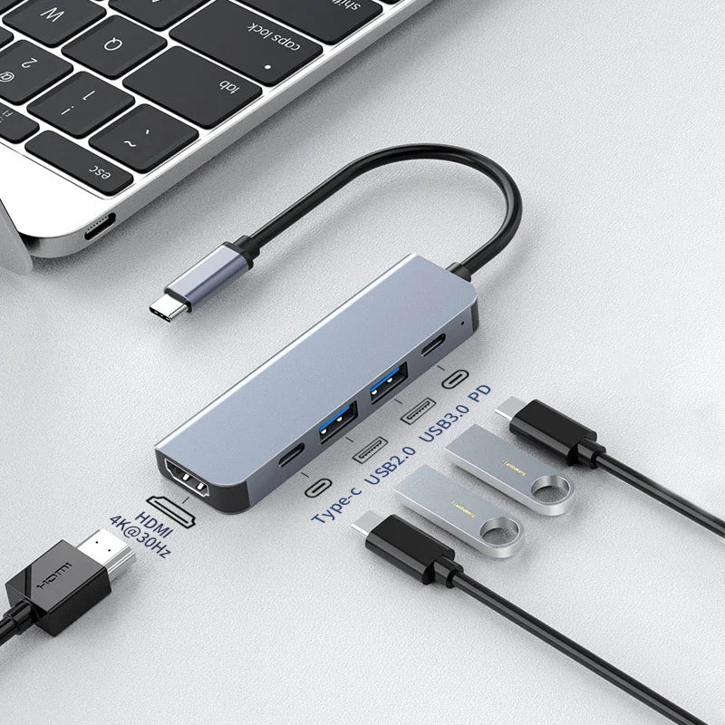 5-in-1 Type-C to HDMI Adapter & USB C Hub - 4K 30Hz PD 100W Docking Station for MacBook & iPad