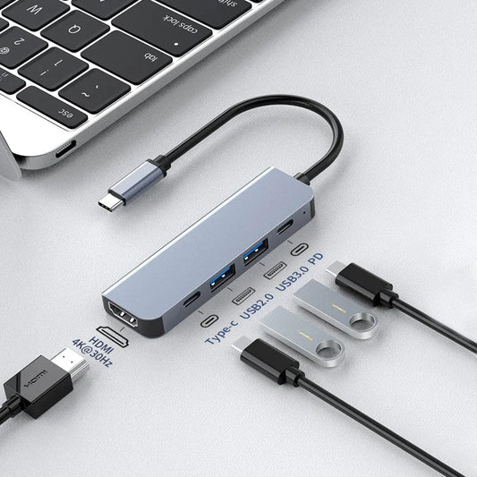 5-in-1 Type-C to HDMI Adapter & USB C Hub - 4K 30Hz PD 100W Docking Station for MacBook & iPad