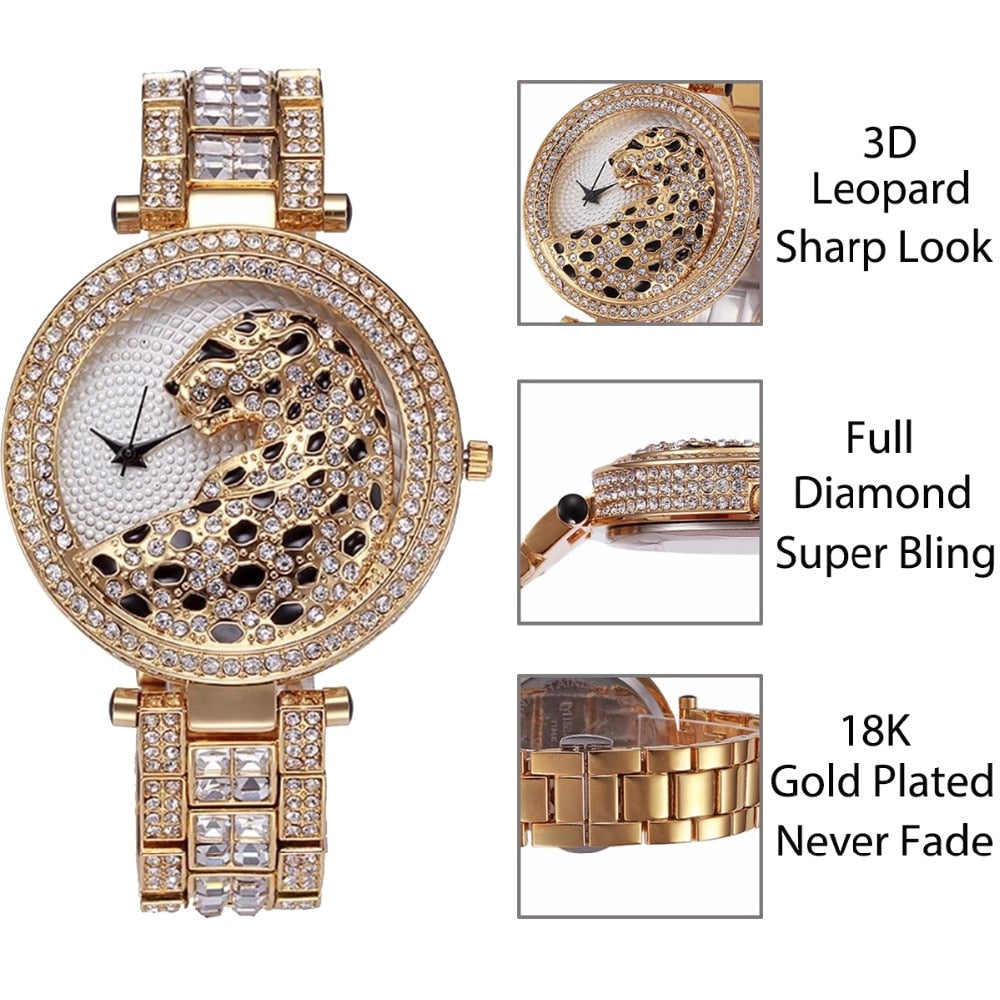 Elegant Bling Quartz Gold Watch - Women's Fashion Leopard Clock