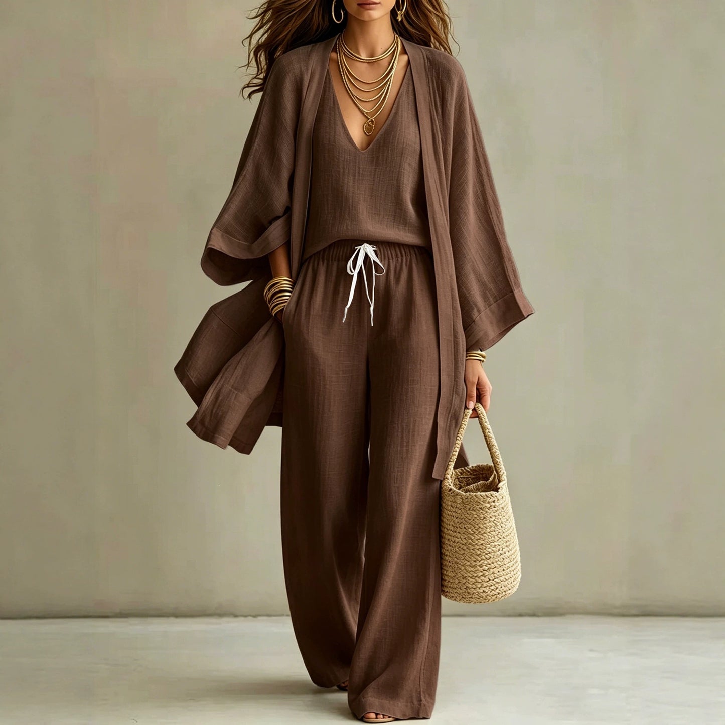 Elegant Linen Look 3-Piece Matching Set - Flowing Open Front Shrug with Wide Leg Pants