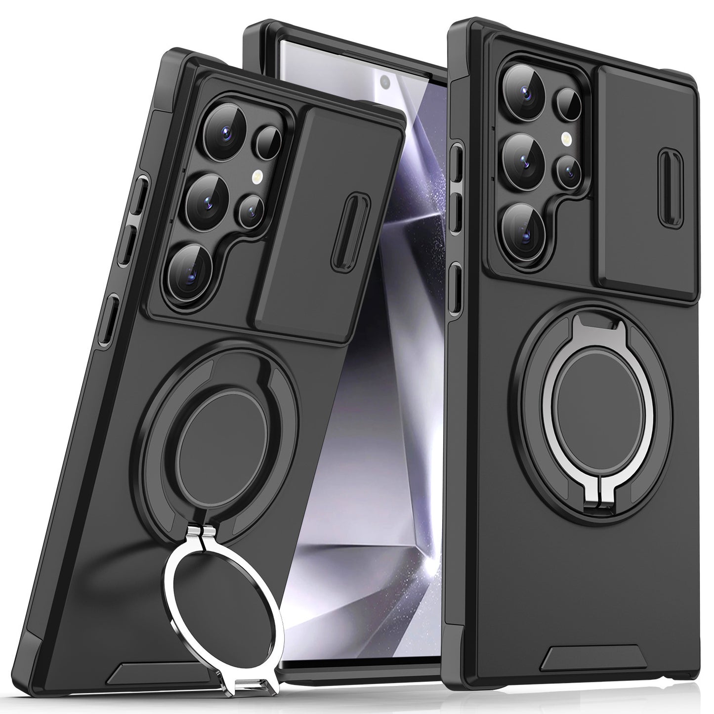 Samsung Galaxy Shockproof Armor Case - Rotating Ring Kickstand & Sliding Camera Lens Cover