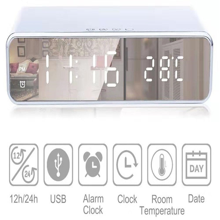 Multifunctional Mirror LED Digital Alarm Clock with Qi Wireless Charger & Temperature Display