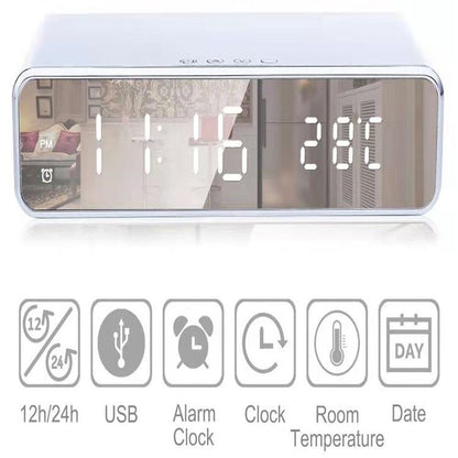 Multifunctional Mirror LED Digital Alarm Clock with Qi Wireless Charger & Temperature Display
