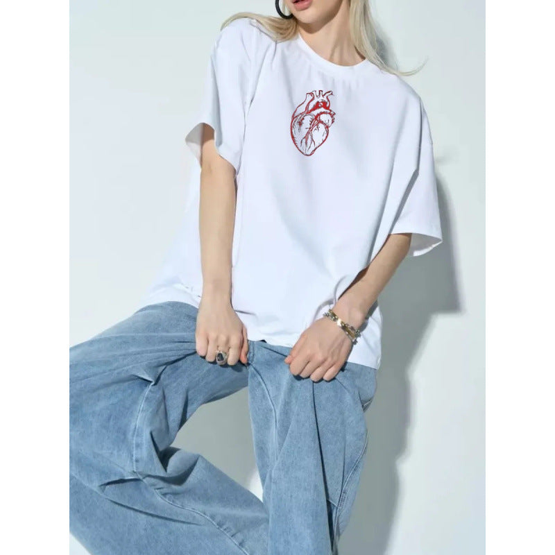 Minimalist Anatomical Heart Print Loose Round Neck T-Shirt
