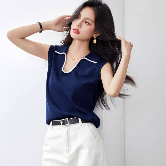 Elegant V-Neck Polo Knit Vest - Versatile Shoulder Cover Top for Women