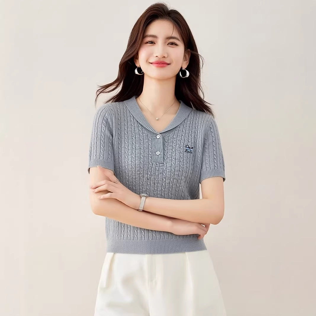 Elegant Flip Collar Cable Knit Blouse - Slim Fit Casual Top for Women