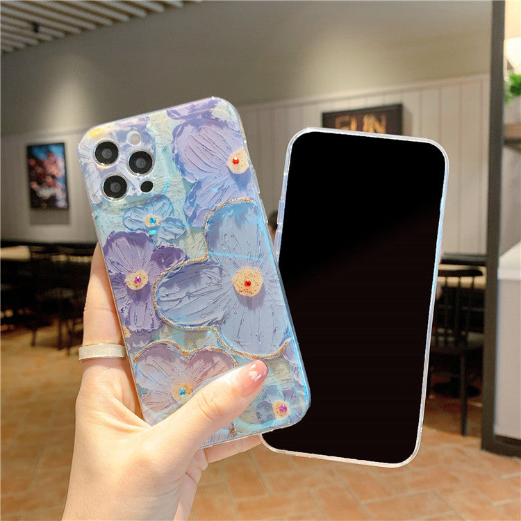 3D Oil Painting Purple Blue Floral Phone Case with Rhinestones for iPhone 16 15 14 13 Pro Max - Aesthetic Flower Cover
