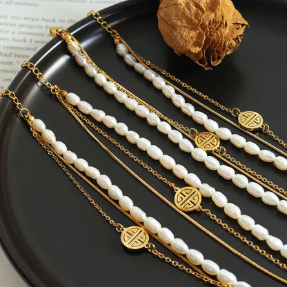 Titanium Steel Three-Layered Pearl Bracelet with Lucky Coin Charm