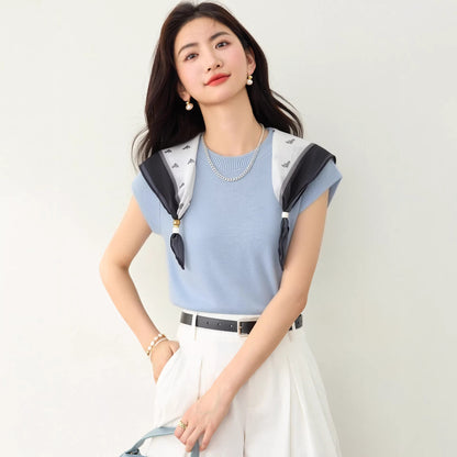 Women's Fashionable Scarf Detail Knit Top - Elegant Slim Fit Summer Tee