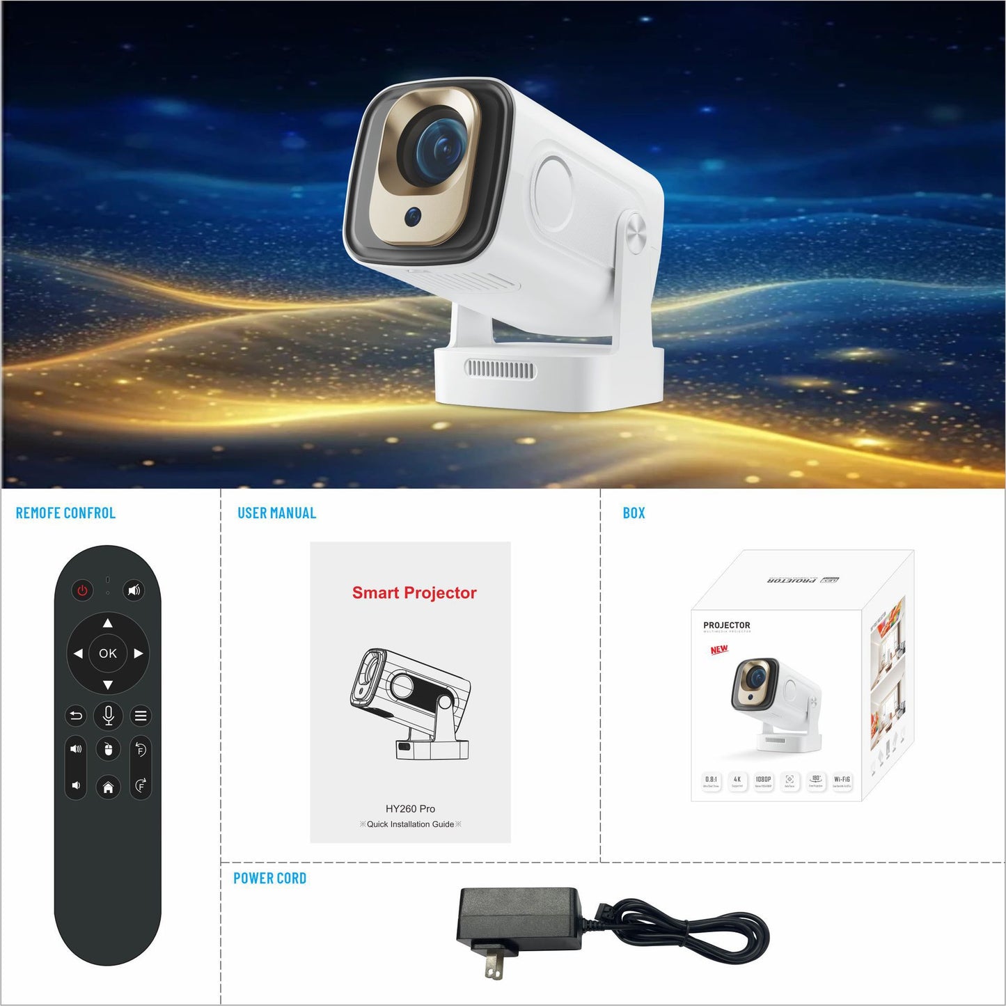 Hy260Pro Android 11 Smart Projector - H713 HD 4K Auto Focus Barrel Home Theater Projector