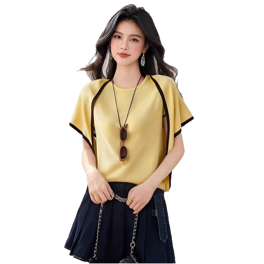 Women's Yellow Knitted Short Sleeve T-Shirt - Summer Outfit Chic Top