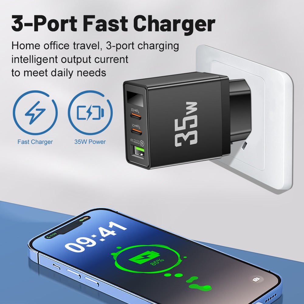 35W 3-Port Fast Wall Charger - 1 USB & 2 Type-C Intelligent Digital Display Power Adapter