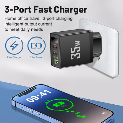 35W 3-Port Fast Wall Charger - 1 USB & 2 Type-C Intelligent Digital Display Power Adapter