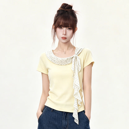 Women's Elegant Pleated Waist Cinched T-Shirt with Ruffle Polka Dot Collar