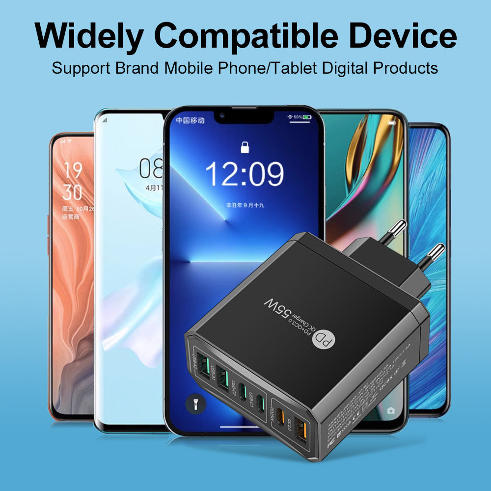 6-in-1 Fast Charging Head - 55W QC3.0 & PD Multi-Port Wall Charger Adapter