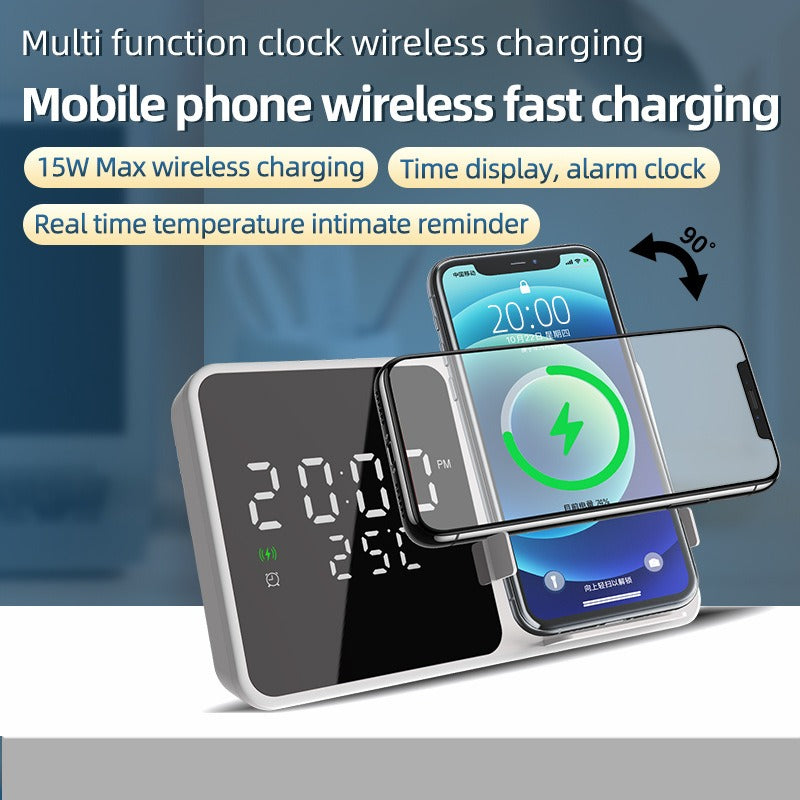15W Fast Wireless Charger & Mobile Phone Stand - Digital Alarm Clock with Temperature Gauge