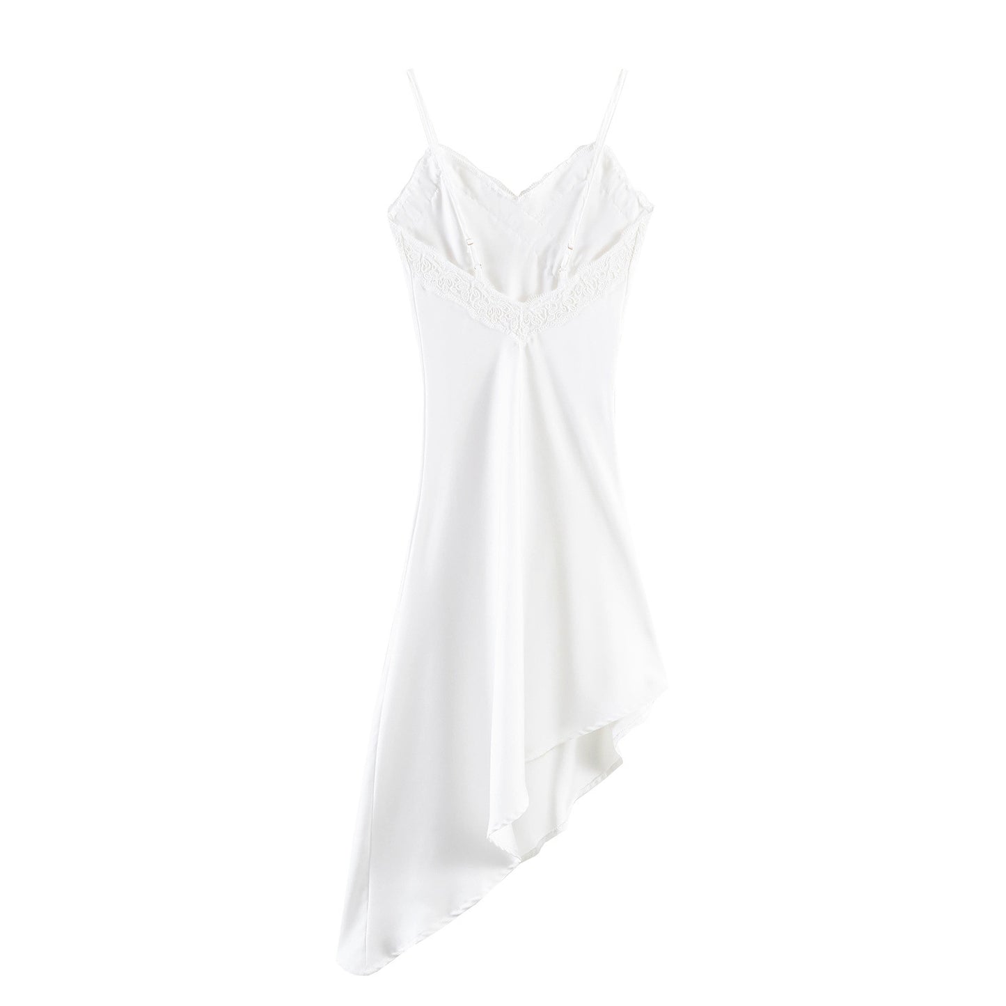 Luxury Silk Slip Dress - Asymmetric Hem and Lace Trim V-Neck