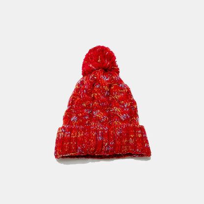 Chunky Knit Contrast Pompom Beanie Hat | Warm Winter Cable Knit Cap