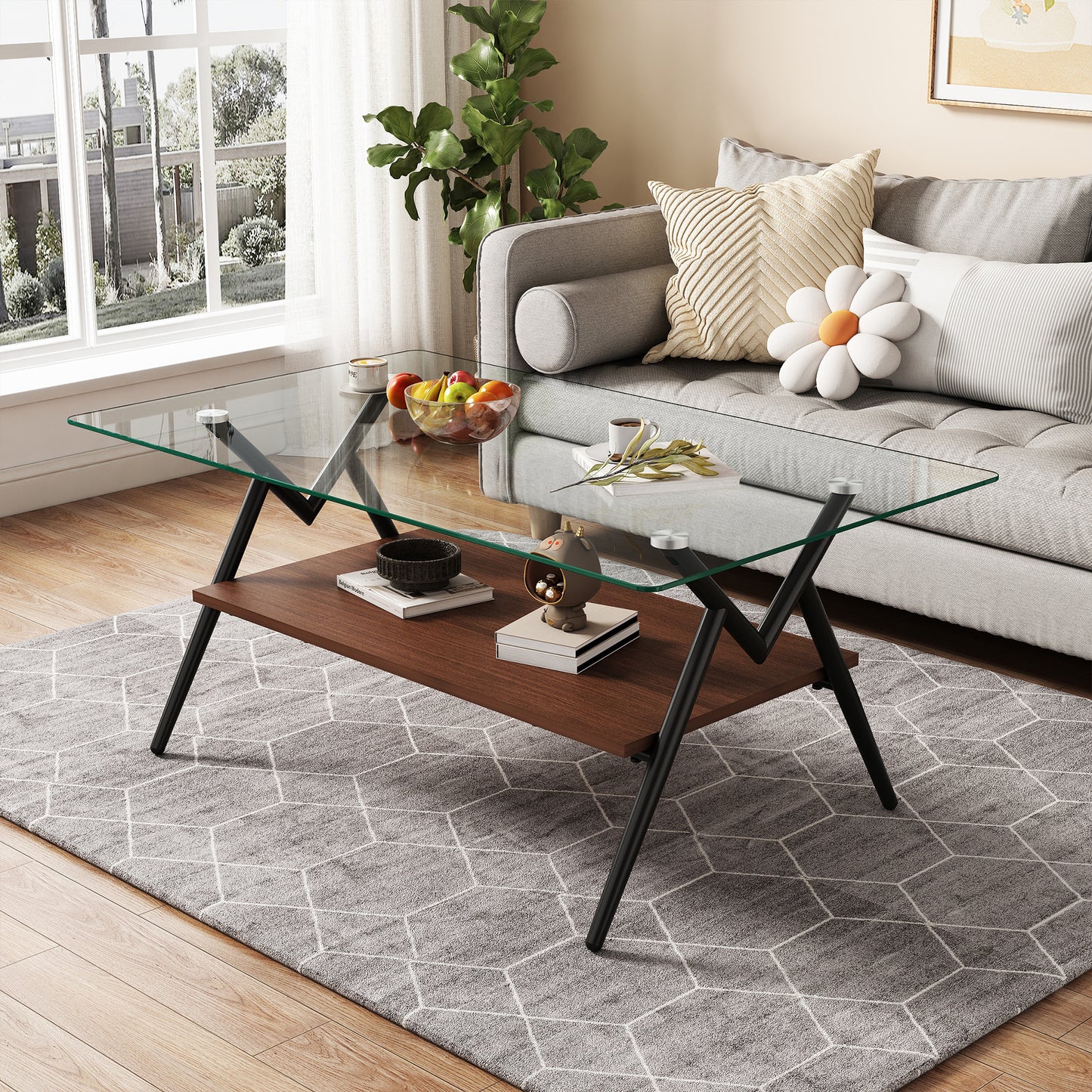 Modern Glass & Wood Accent Coffee Table