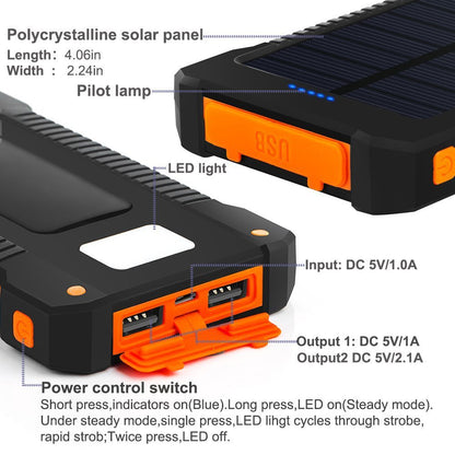 Portable Waterproof Solar Power Bank 20000mAh with LED Light - Dual USB External Battery Charger