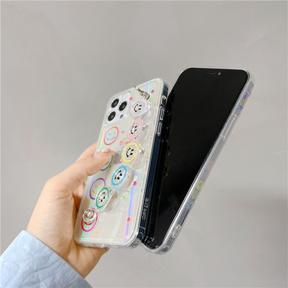 Transparent Colorful Smiley Face Phone Case with Bead Wrist Chain Bracelet for iPhone 16 15 14 13 Pro Max - Clear Soft Cover