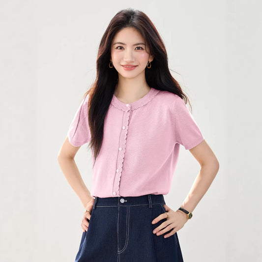 Chic Ice Silk Knit Short Sleeve Top - Lightweight Casual T-Shirt for Women