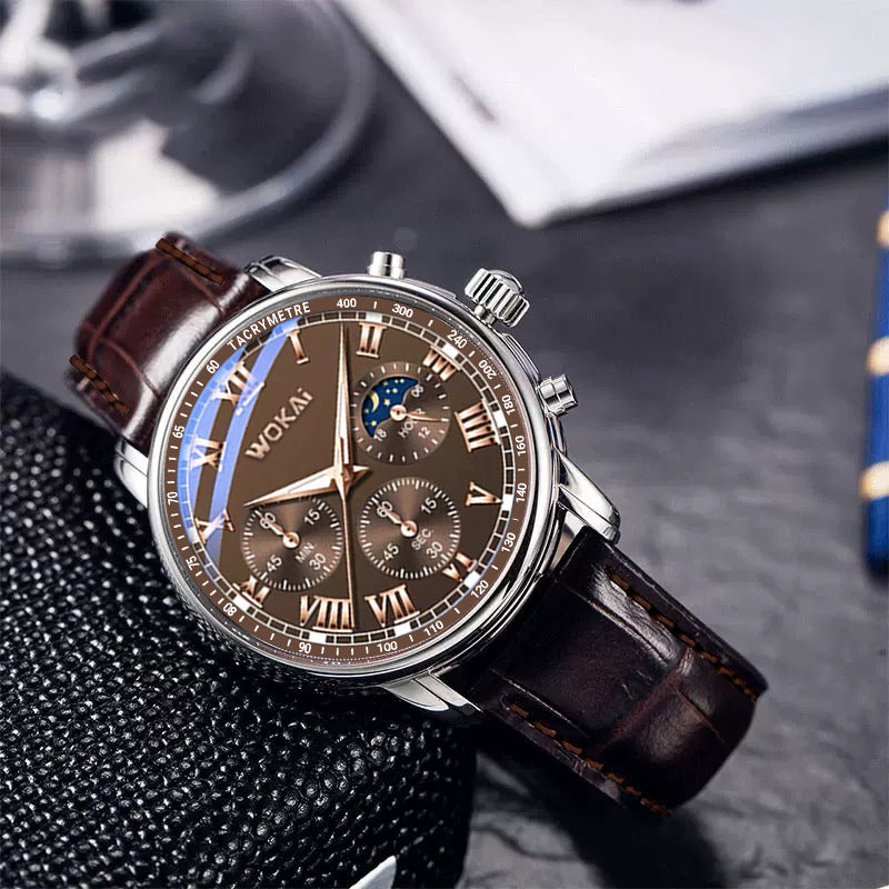Luxury Men's Business Quartz Chronograph Watch with Brown Leather Strap