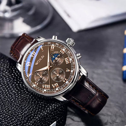 Luxury Men's Business Quartz Chronograph Watch with Brown Leather Strap