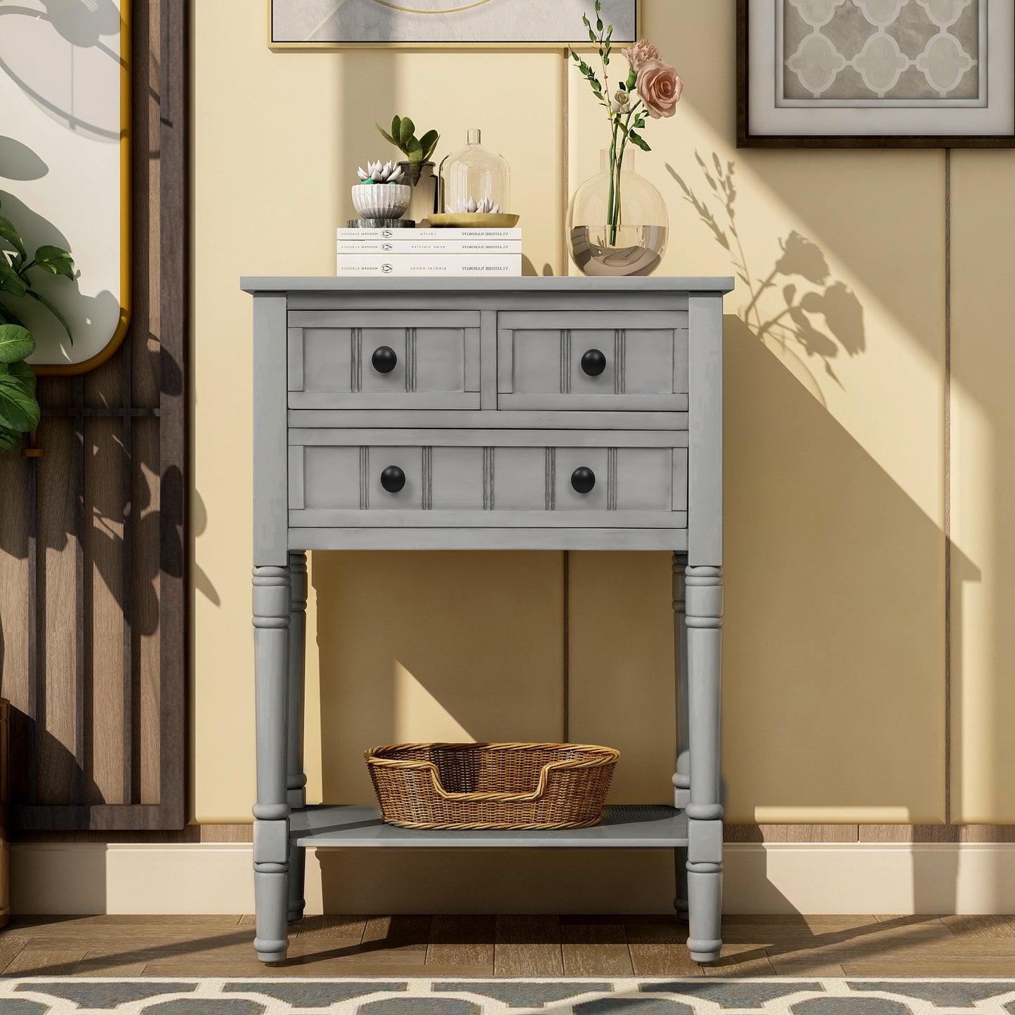 Narrow Console Desk/Sofa Table with Three Drawers (Grey Washed)