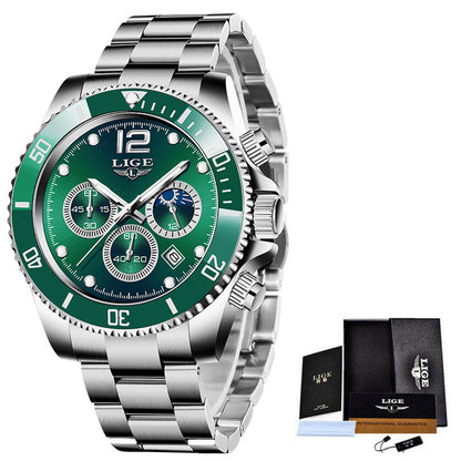 LIGE Luxury Men's Chronograph Quartz Watch - Waterproof Stainless Steel Sports Wristwatch